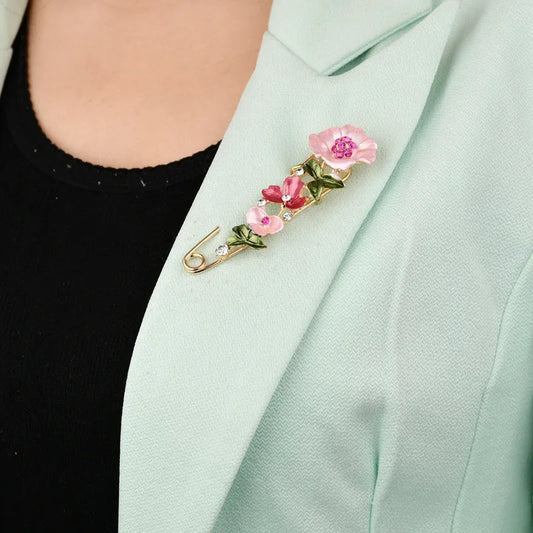 Zenat Rhinestone Flower & Leaf Lapel Pin Brooches