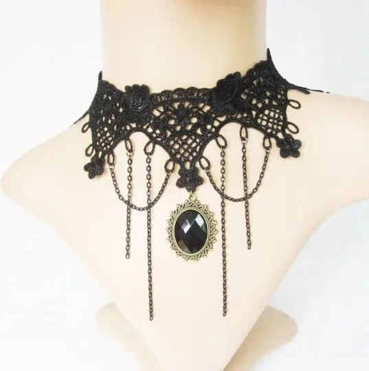 Zenat Neo-Gothic Black Lace Punk Choker Necklace