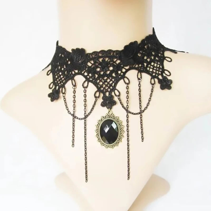 Zenat Neo-Gothic Black Lace Punk Choker Necklace