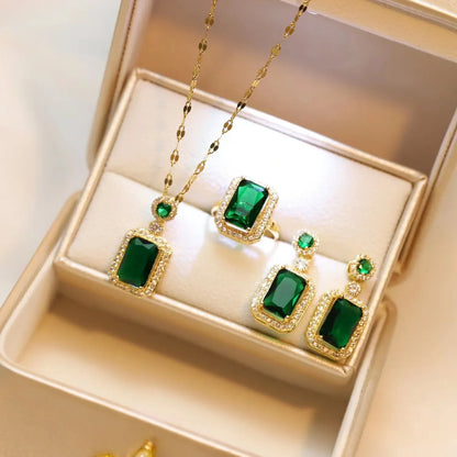 Zenat Exquisite Emerald Necklace Earrings Ring 3 Piece Set