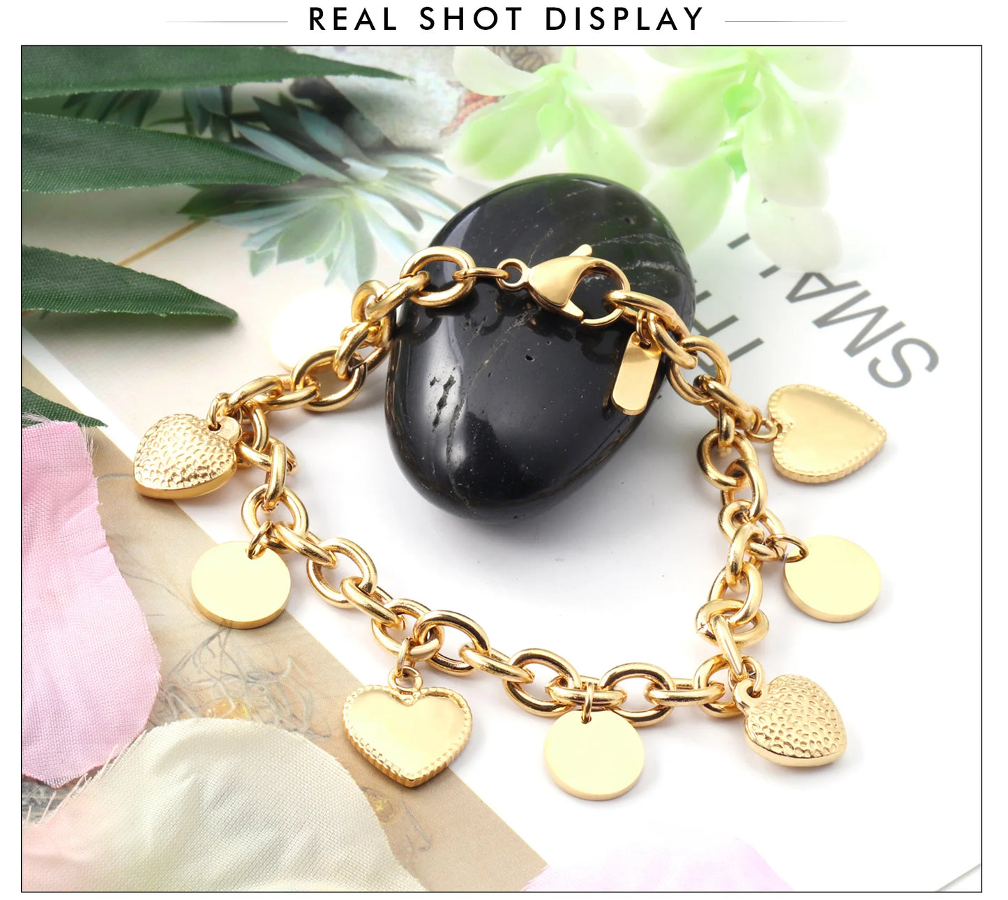 Zenat Stainless Steel Heart Coin Charm Bracelet for Women
