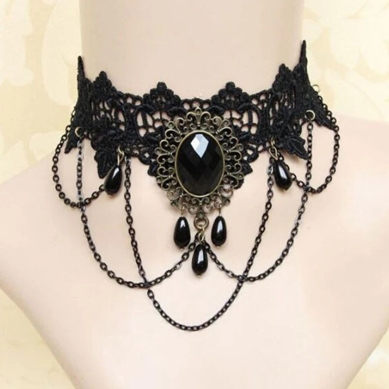 Zenat Gothic Black Lace Crystal Choker Necklace