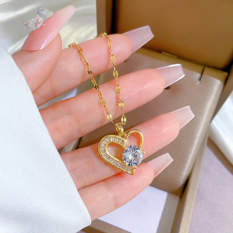 Zenat 316L Stainless Steel Asym Heart Zircon Necklace