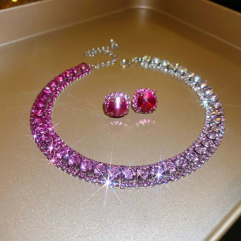 Luxury Green Rhinestone Necklace Stud Earrings For Women Crystal Choker Necklaces Ladies Fashion Weddings Banquet Jewelry Set