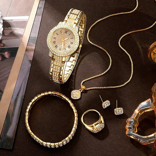 Zenat Golden Watch Ring Necklace Earrings Rhinestone Set