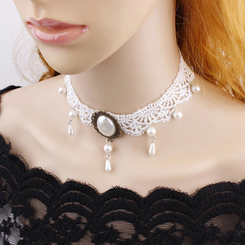 Zenat Gothic Black Lace Crystal Choker Necklace