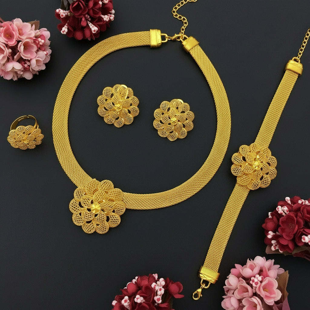 Zenat Luxury Flower Necklace Sets Wedding Gold Plated