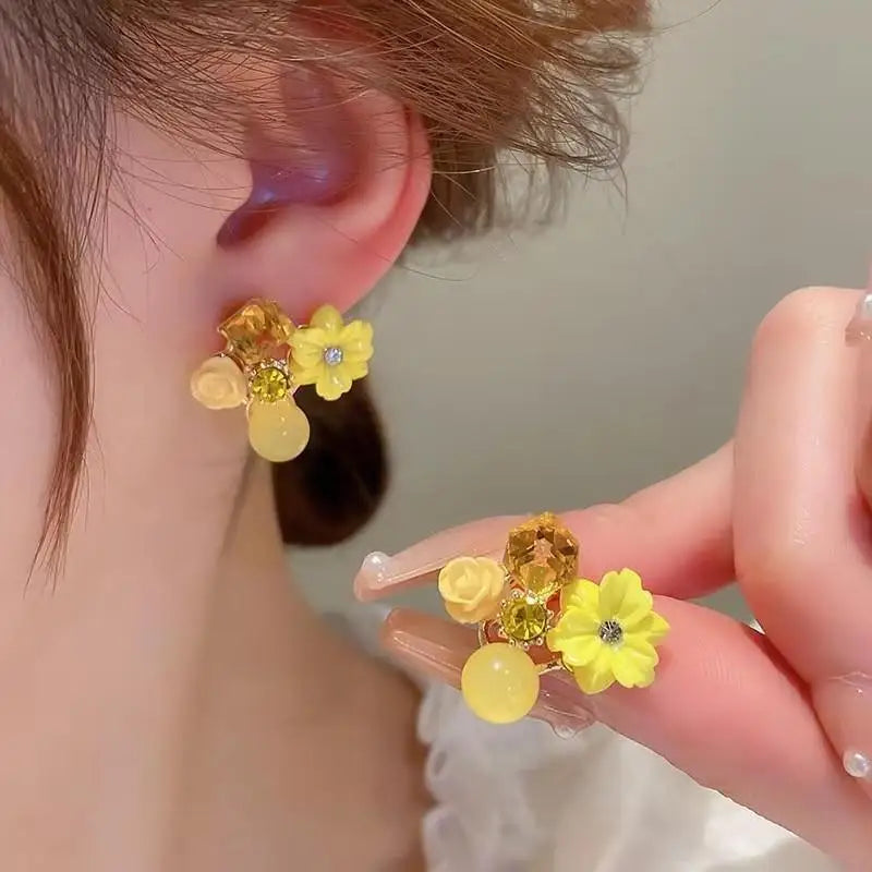 925 Silver Needle Green Flower Earrings For Women Korean Fashion Jewelry 2025 Trending Luxury Zircon Leaf Women's Stud Earrings