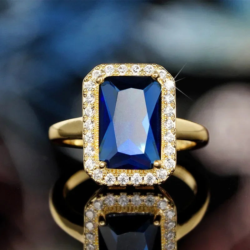2025 New Blue Cube Zircon Ring Fashionable and Elegant High End Women's Bridal Wedding Luxury Personalized Jewelry Accessories