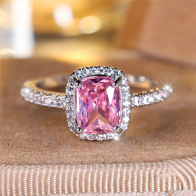 Zenat Crystal Pink Square Zircon Silver Ring