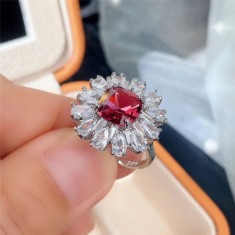 Zenat Deluxe Floral Red AAA Cubic Zirconia Gem Ring for Women