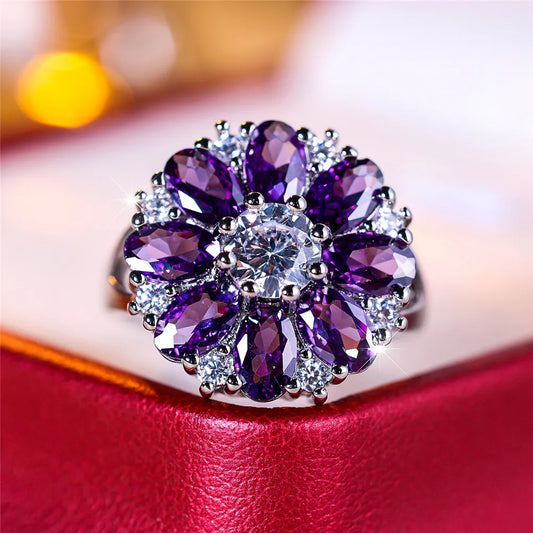 Zenat Purple Stone Sun Flower Engagement Ring
