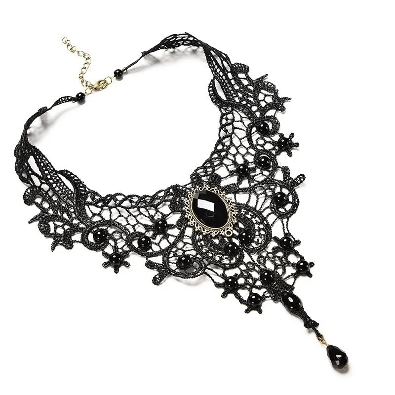 Zenat Vintage Black Lace Bead Gothic Necklace