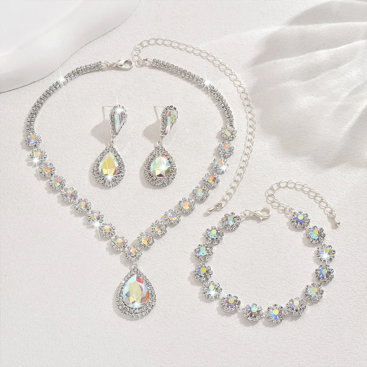 Minimalist Water drops Jewelry Set for Women Crystal Necklace Bracelet Earrings Set Gift Banquet Wedding Anniversary Accessories