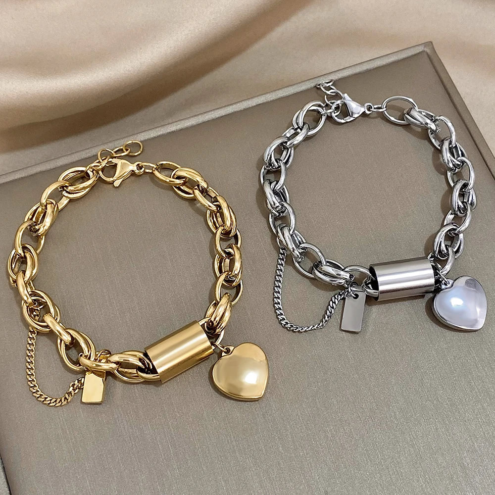Lobster Heart Lock Stainless Steel Bracelet Gold Plated