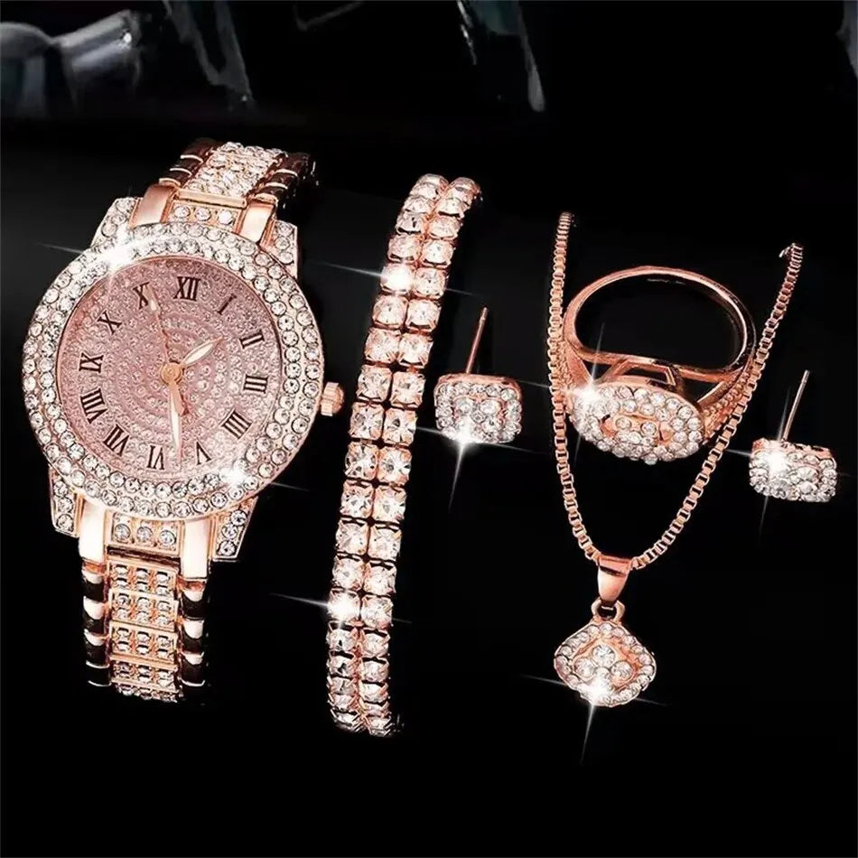 Zenat Golden Watch Ring Necklace Earrings Rhinestone Set