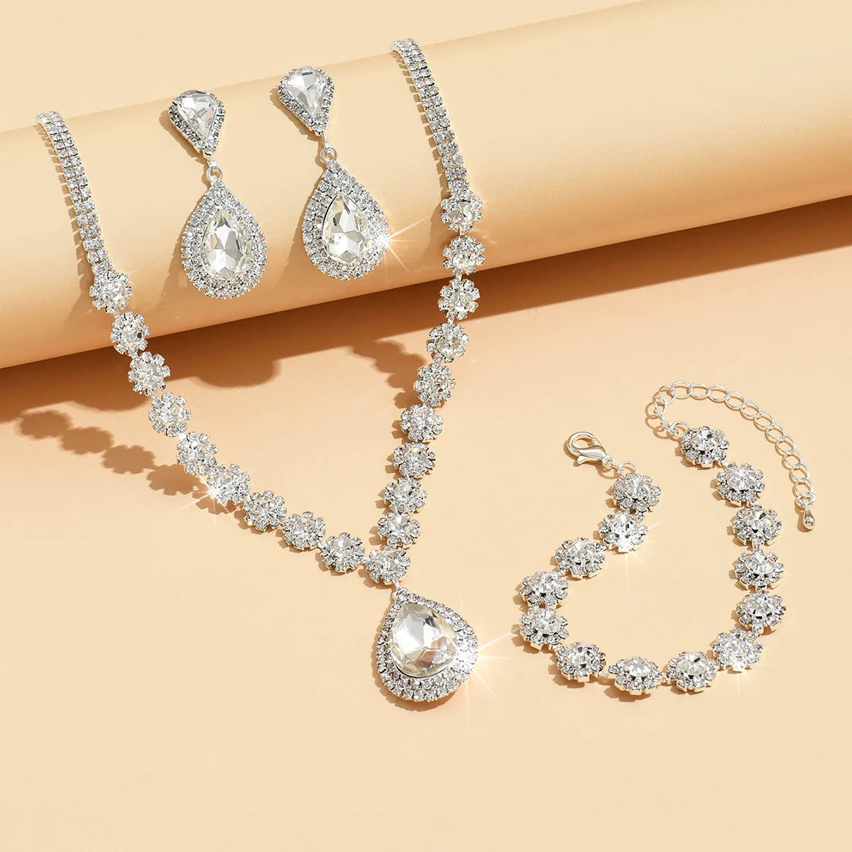 Minimalist Water drops Jewelry Set for Women Crystal Necklace Bracelet Earrings Set Gift Banquet Wedding Anniversary Accessories