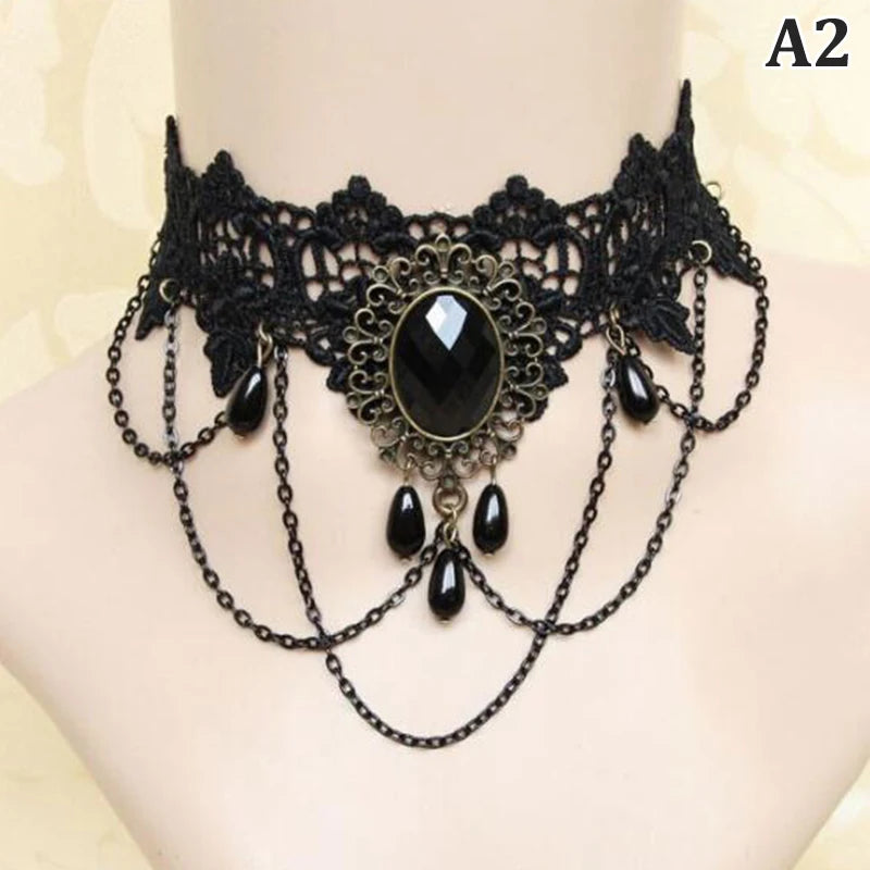 Zenat Gothic Black Lace Crystal Choker Necklace
