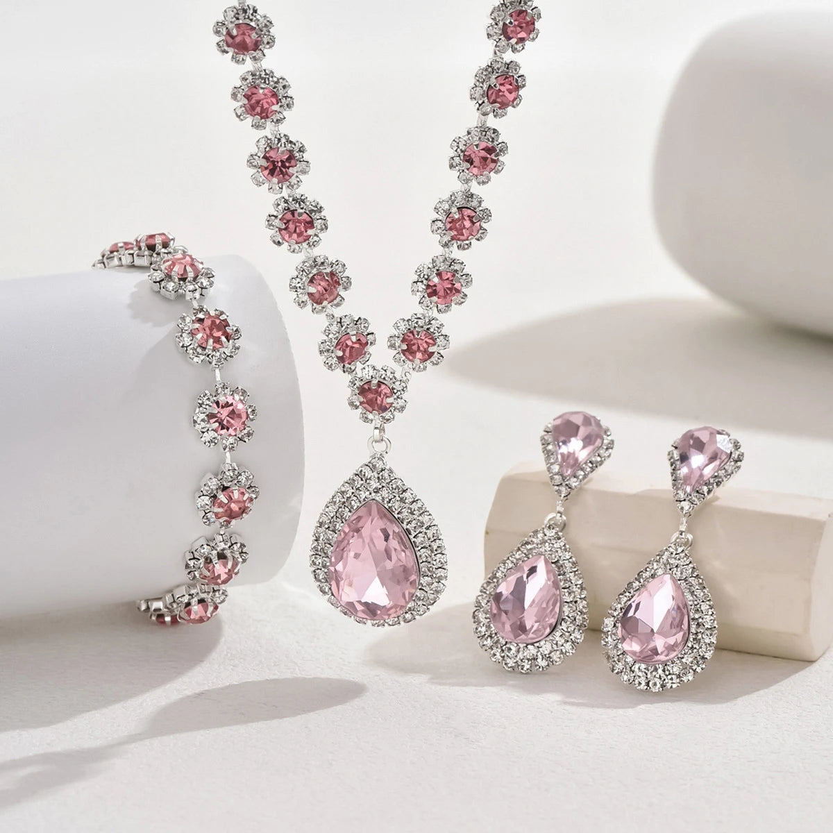Minimalist Water drops Jewelry Set for Women Crystal Necklace Bracelet Earrings Set Gift Banquet Wedding Anniversary Accessories