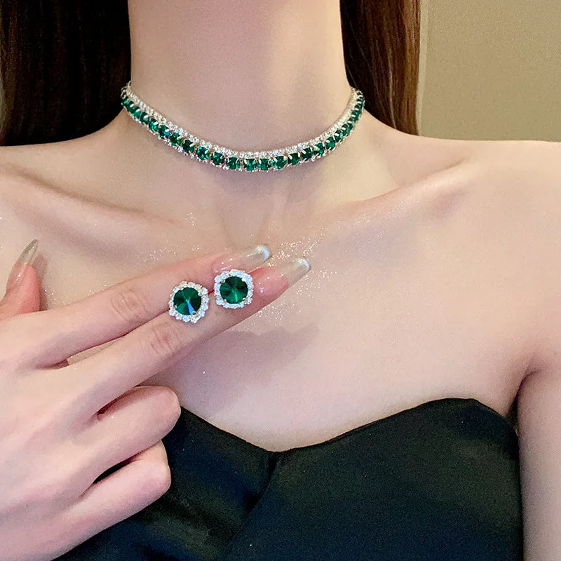 Fashion Trend Unique Design Elegant Delicate Light Luxury Green Zircon Necklace Women Jewelry Party Premium Stud Earrings Gift