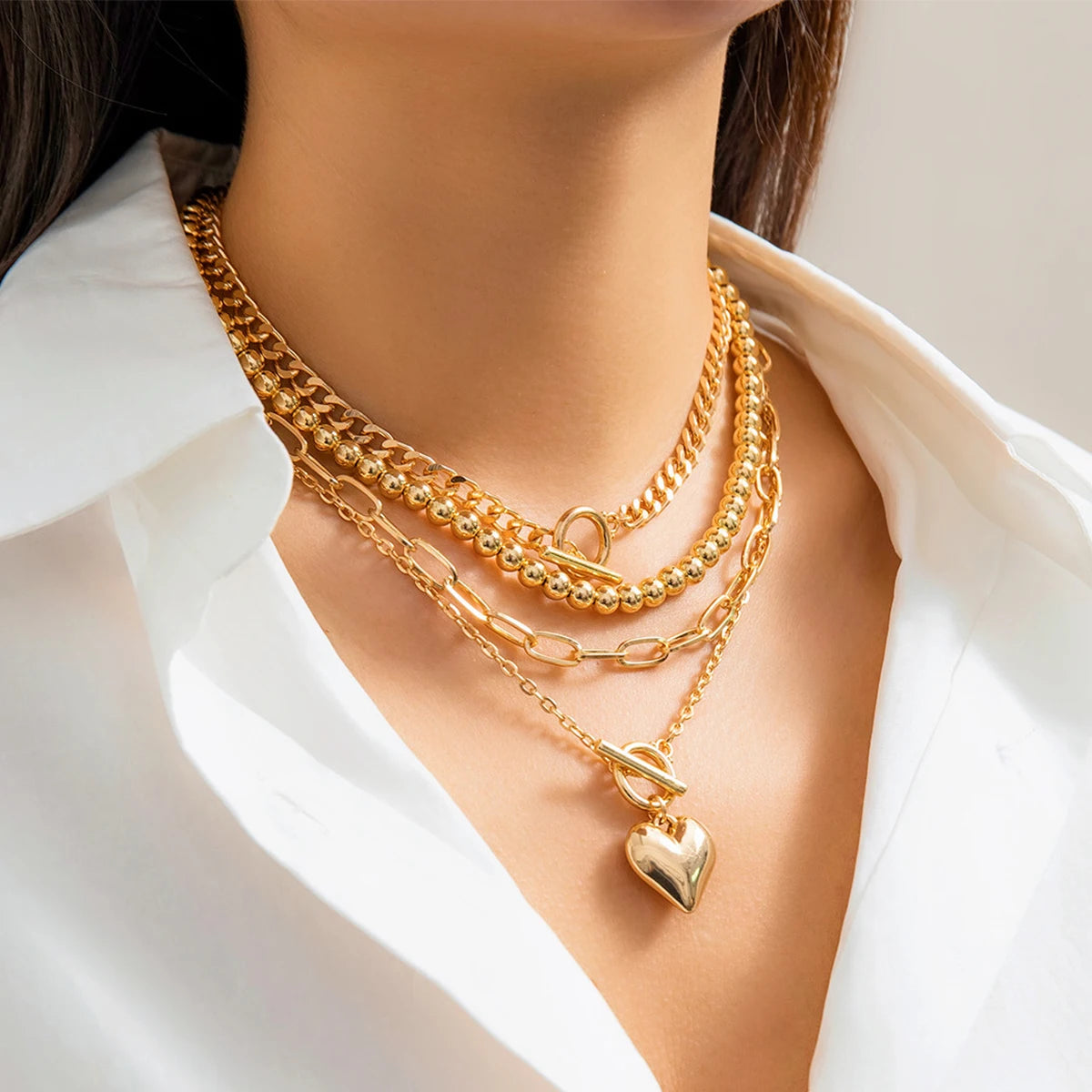 Zenat Link Chain 4Pcs/Set Gold Color Heart Pendant