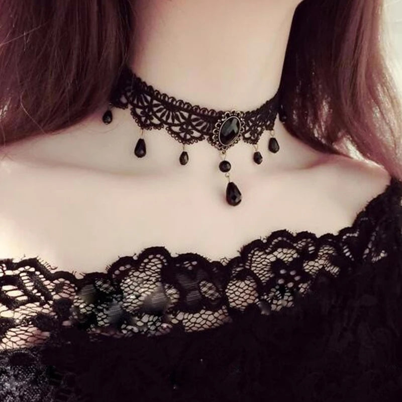 Zenat Gothic Black Lace Crystal Choker Necklace