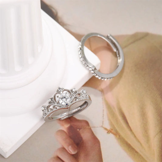 Zenat 2PCS Fairy Crystal Adjustable Crown Rings