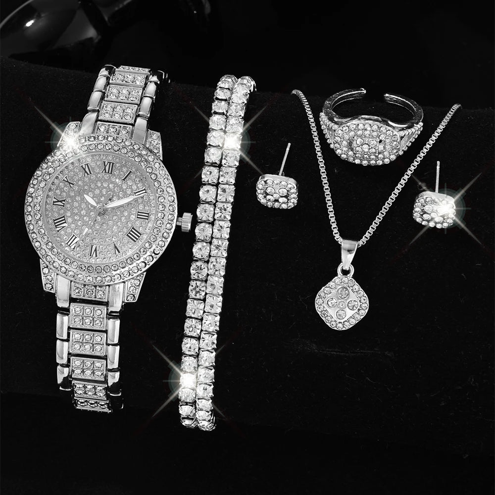 Zenat Quartz Watch Gold Luxury Ring Necklace Earring Set