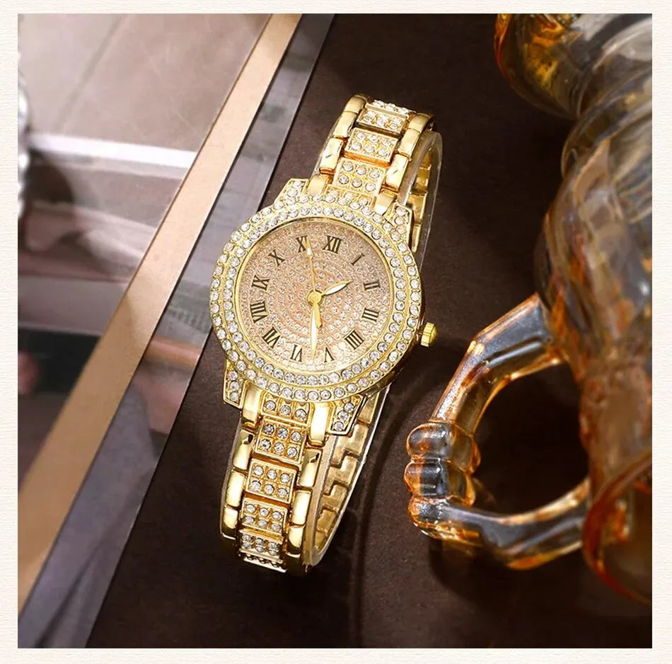 Zenat Golden Watch Ring Necklace Earrings Rhinestone Set