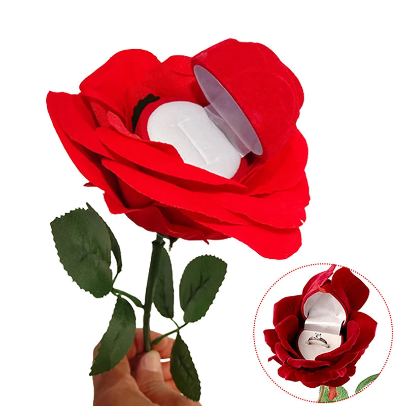 Unique Rose Flower Ring Boxes Red Velvet Rose Earring Gift Holder