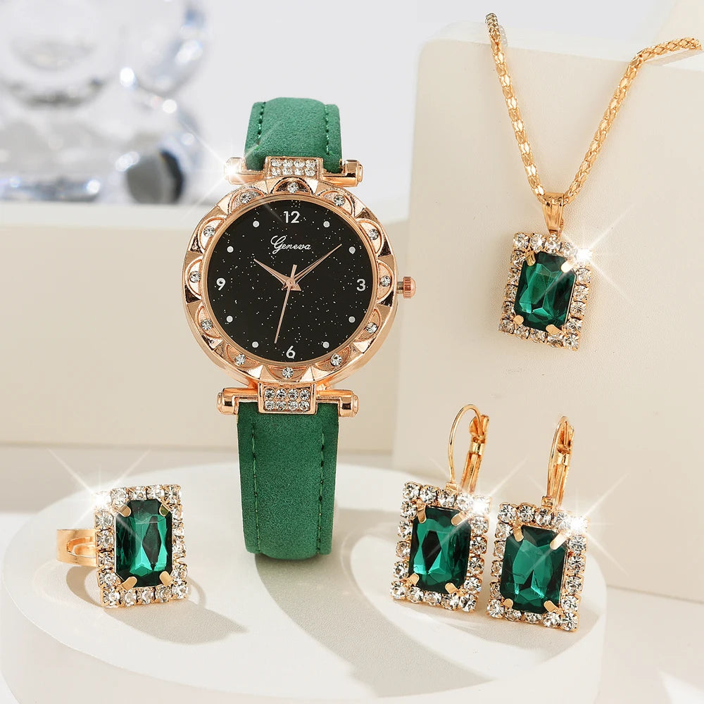 Zenat 5Pcs Set Luxury Rhinestone Watch Quartz Bracelet Set