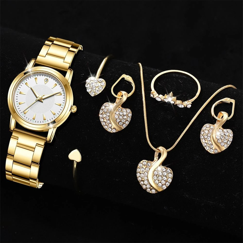 Zenat Quartz Watch Gold Luxury Ring Necklace Earring Set