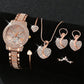 Zenat Quartz Watch Gold Luxury Ring Necklace Earring Set