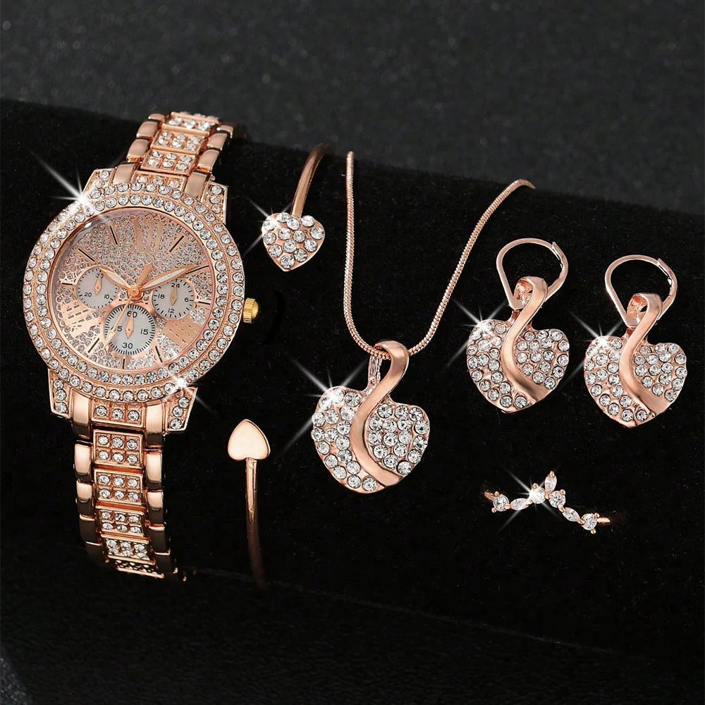 Zenat Quartz Watch Gold Luxury Ring Necklace Earring Set