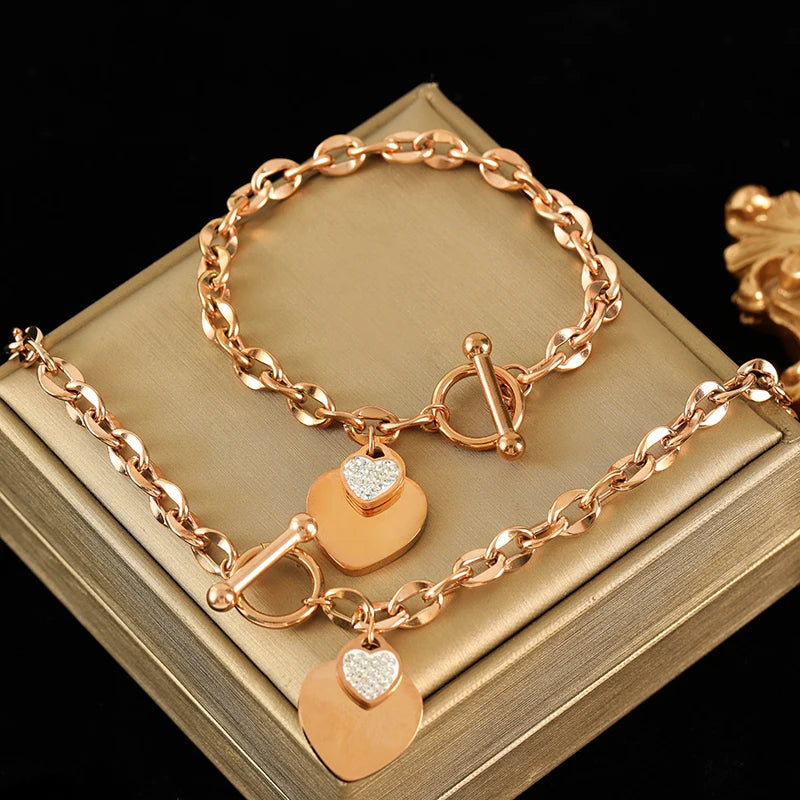 Zenat Double Heart Necklace Bracelet 316 Stainless Steel