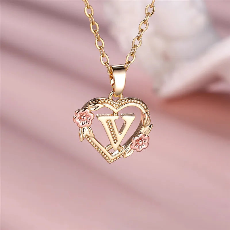 Zenat A-Z Letter Flower Gold Pendant Necklace