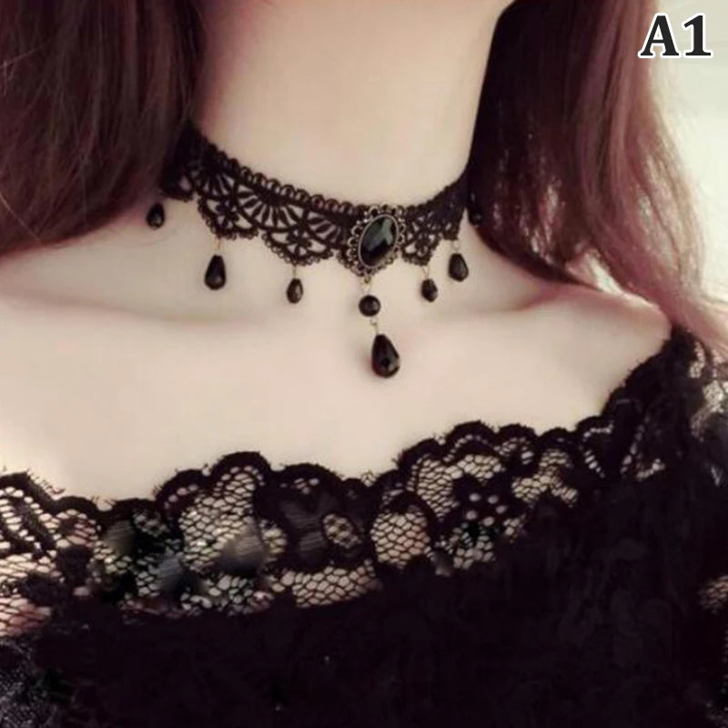 Zenat Gothic Black Lace Crystal Choker Necklace