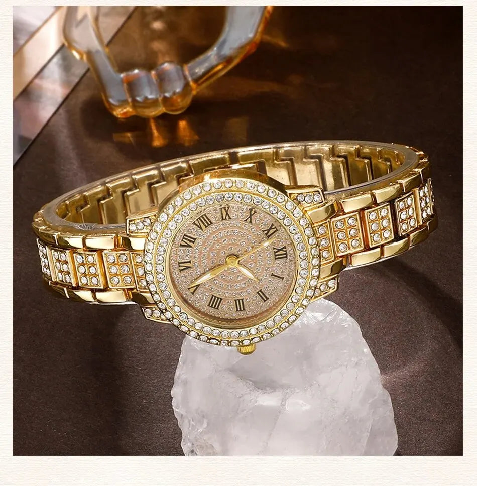 Zenat Golden Watch Ring Necklace Earrings Rhinestone Set