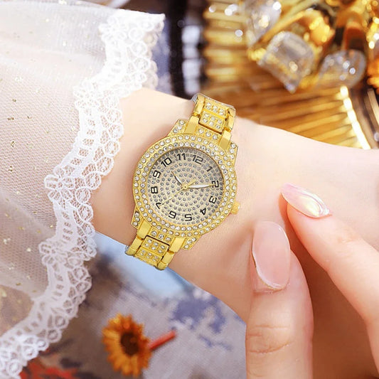 Zenat Quartz Watch Gold Luxury Ring Necklace Earring Set