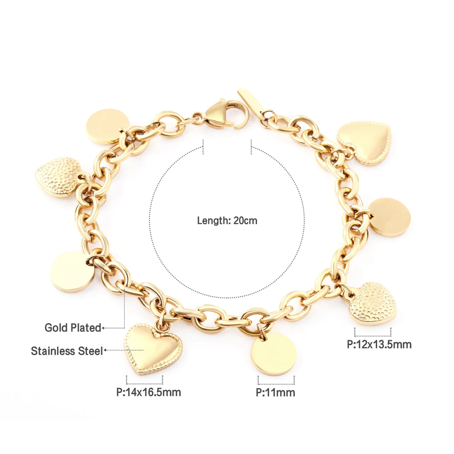 Zenat Stainless Steel Heart Coin Charm Bracelet for Women
