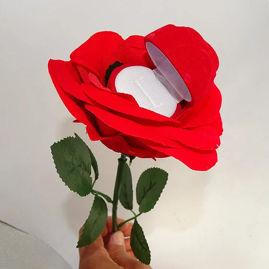 Unique Rose Flower Ring Boxes Red Velvet Rose Earring Gift Holder