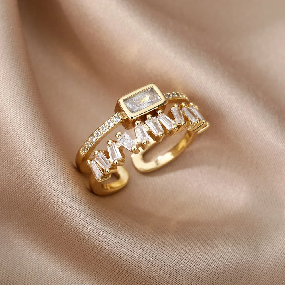 Zenat Gold Zircon Adjustable Stainless Steel Ring