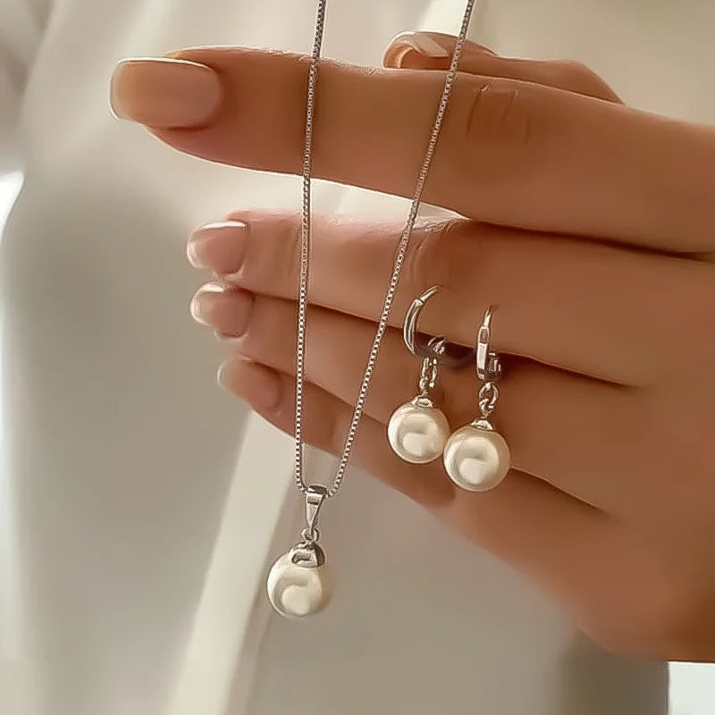 Zenat 3 Pcs Round Pearl Jewelry Set Of Earring Pendant Necklace For Women