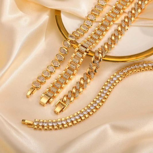 Bracelet 14K Gold Plated Cubic Zirconia Chunky Adjustable