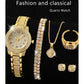 Zenat Quartz Watch Gold Luxury Ring Necklace Earring Set