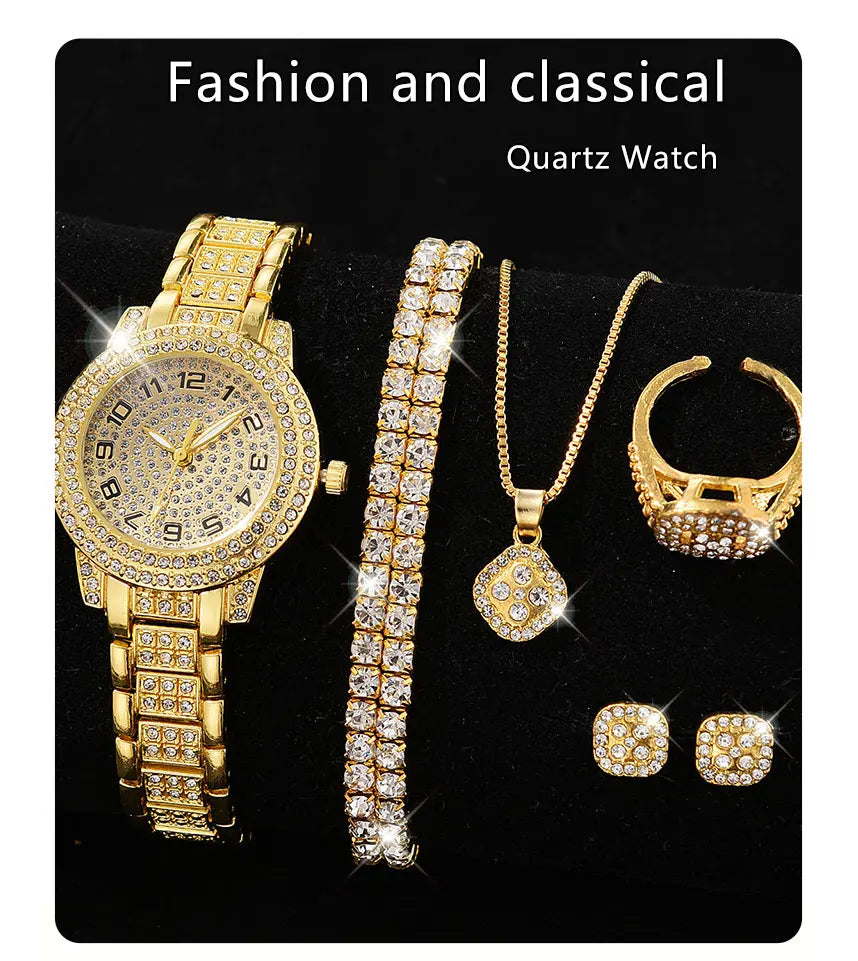 Zenat Quartz Watch Gold Luxury Ring Necklace Earring Set