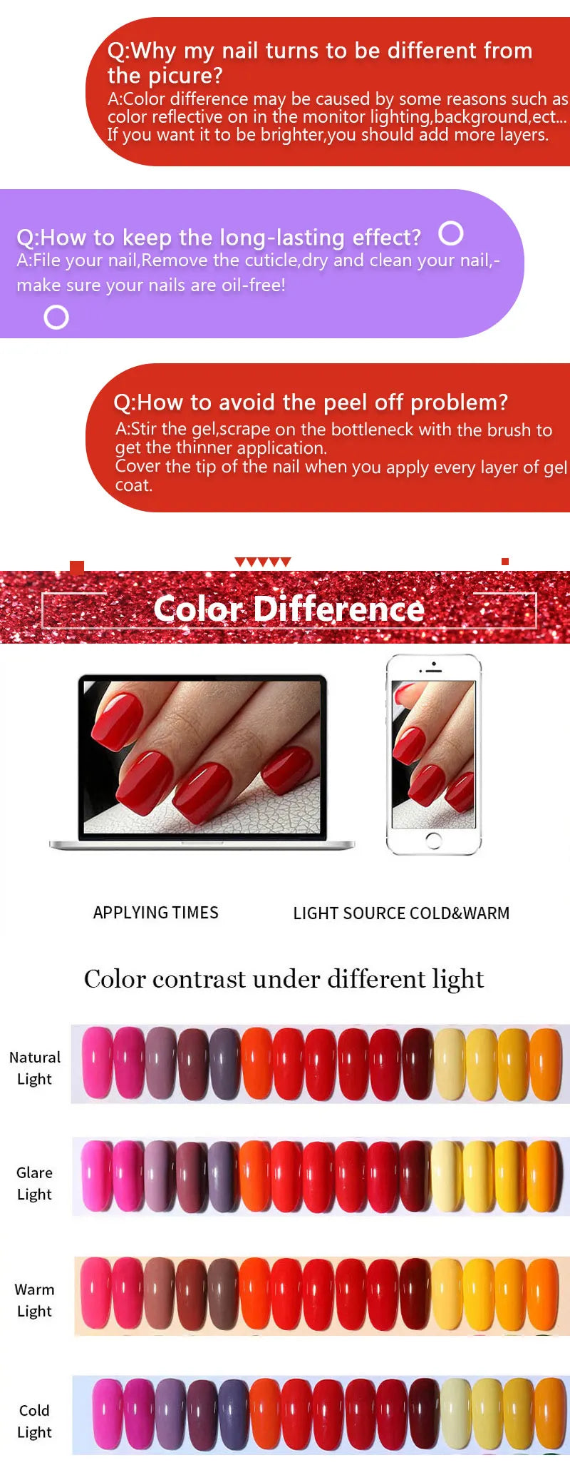 Zenat Bright Red Sparkling Glitter Gel Nail Polish
