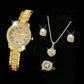 Zenat Quartz Watch Gold Luxury Ring Necklace Earring Set