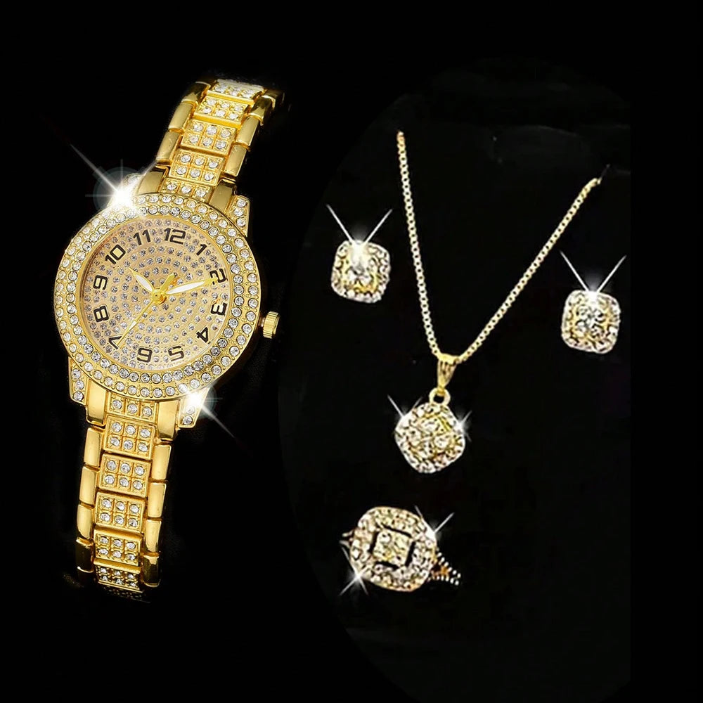 Zenat Quartz Watch Gold Luxury Ring Necklace Earring Set