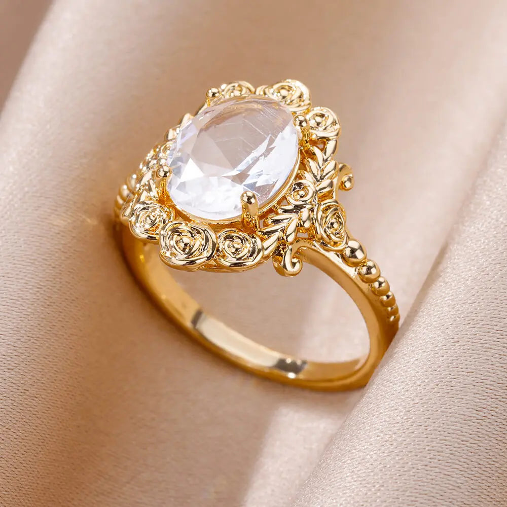 Zenat Gold Zircon Adjustable Stainless Steel Ring